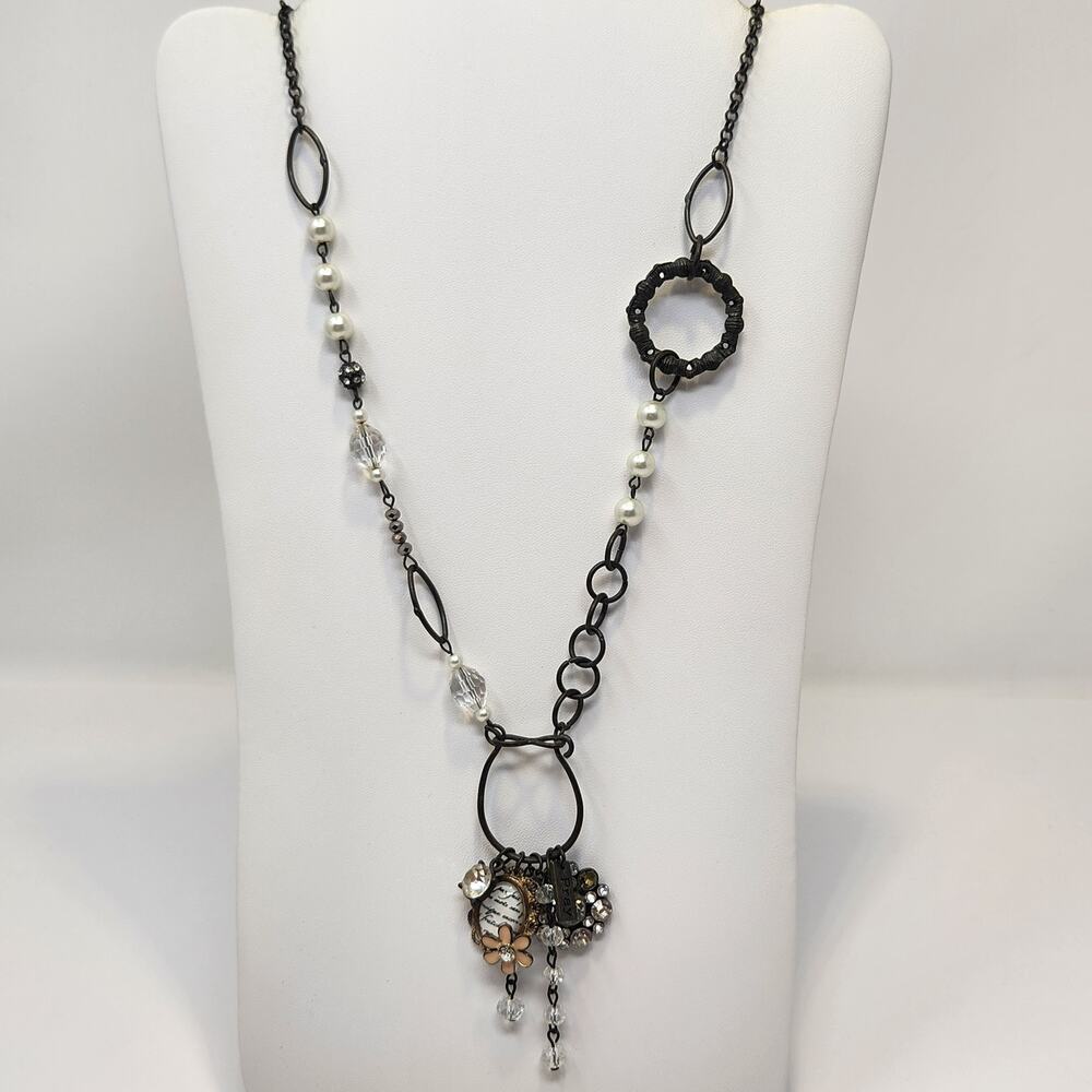 Plunder Bronze Tone Charm Pendant Chain Necklace Floral Faux Pearl Rhinestone